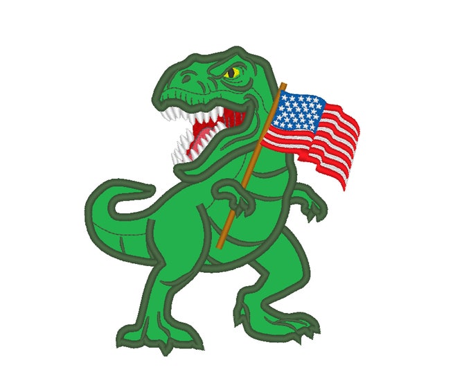 4th of July, T rex  with flag,  patriotic dinosaur machine applique designs assorted sizes 5x7, 6x10, 8x12