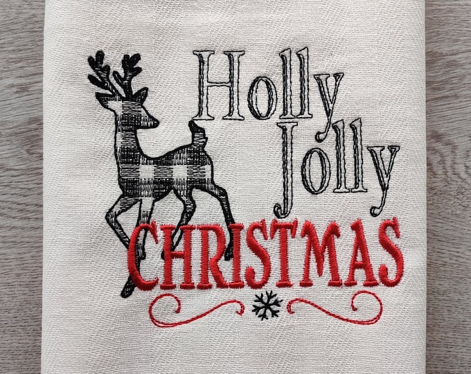 Holly Jolly Christmas Merry Christmas gingham old fashioned classic Kitchen dish towel quote machine embroidery designs for hoop 4x4, 5x7