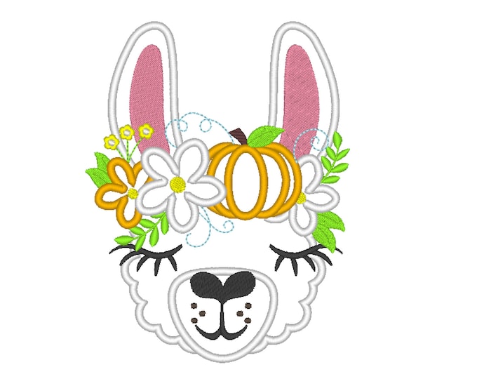 Llama pumpkins autumn thanksgiving llama face with shabby chick flowers crown floral pumpkin crown applique machine embroidery design