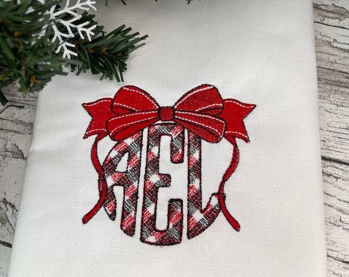 Plaid gingham checkered Diagonal Tartan Circle Monogram machine embroidery designs assorted sizes, classic three letters monogram BX and bow
