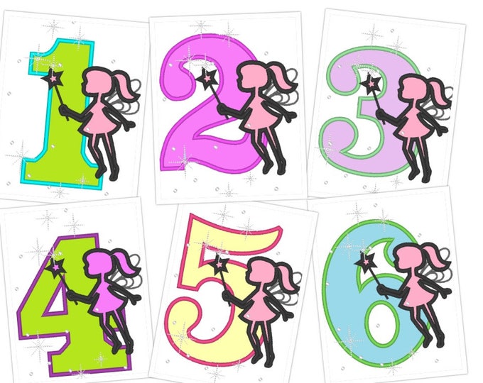 Little fairy silhouette applique Birthday numbers set 1-6, Fairy girl kids baby toddler applique machine embroidery designs for hoop 5x7