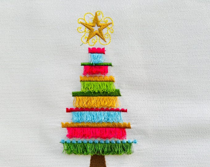 Shabby Chic Fringed fluffy Christmas Tree fringe ITH in the hoop easy versatile fur spruce machine embroidery designs sizes 5 up to 7 inch