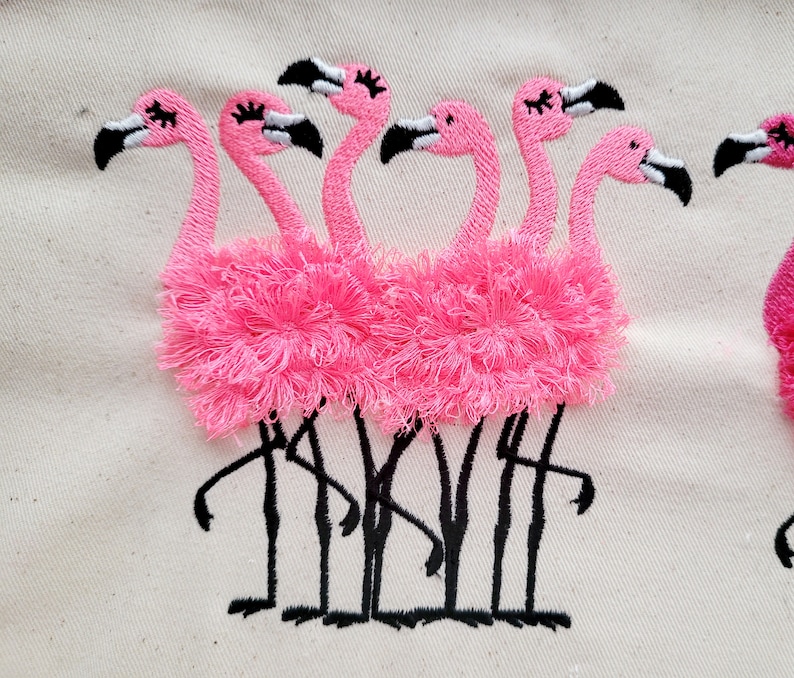 6 Fringed fluffy chenille Flamingos, flock of 6 flamingos machine embroidery designs flamingo for hoop 5x7, 6x10 fringe fur flamingo image 2