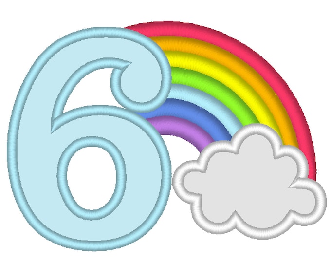 Rainbow in cloud Birthday Number 6 SIX machine embroidery applique designs assorted sizes, kids children kinder sixth birthday party