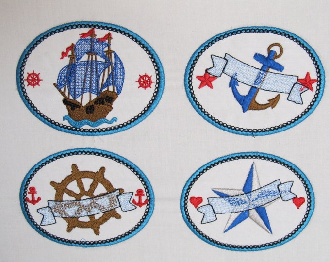 Nautical patches - appliques - set of 4 seaside boat ship wheel anchor banner machine embroidery designs for hoop 4x4, 5x7 INSTANT DOWNLOAD