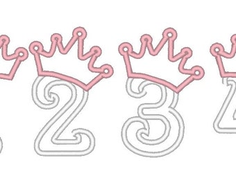 Niedliche Prinzessinnen-Geburtstagskronenzahlen SOFORT-DOWNLOAD Maschinenstickerei-Applikationsdesign – 4, 5 und 6 Zoll