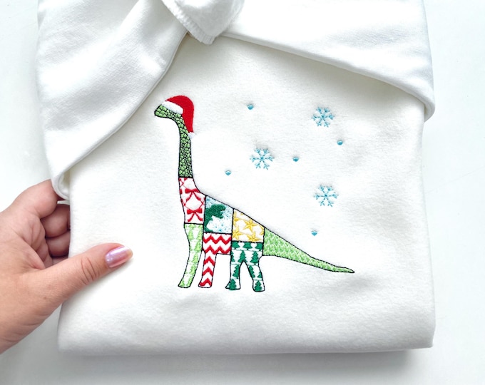 Christmas Brachiosaurus Stego Patchwork patterned Jurassic Dinosaur silhouette outline kids machine embroidery designs sizes 5 up to 8 inch