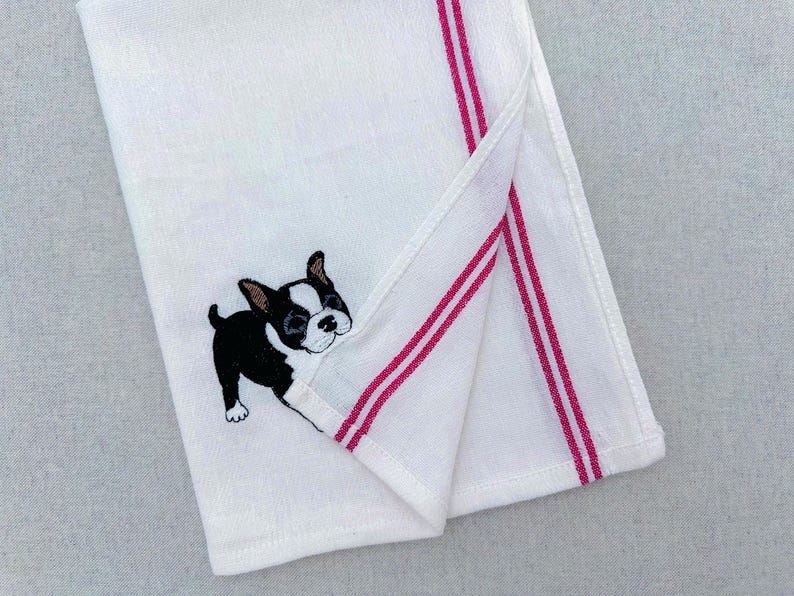 Playing Boston Terrier Puppy Dog Mama kitchen dish towel pet animal kids machine embroidery designs ITH project in the hoop French Bulldog image 6