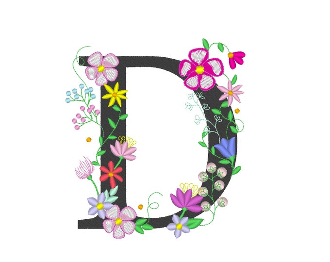 Floral letter D garden flag monogram lace swirl flowers block font and mini Font machine embroidery design monogram D only 4, 5, 6 and 8 in