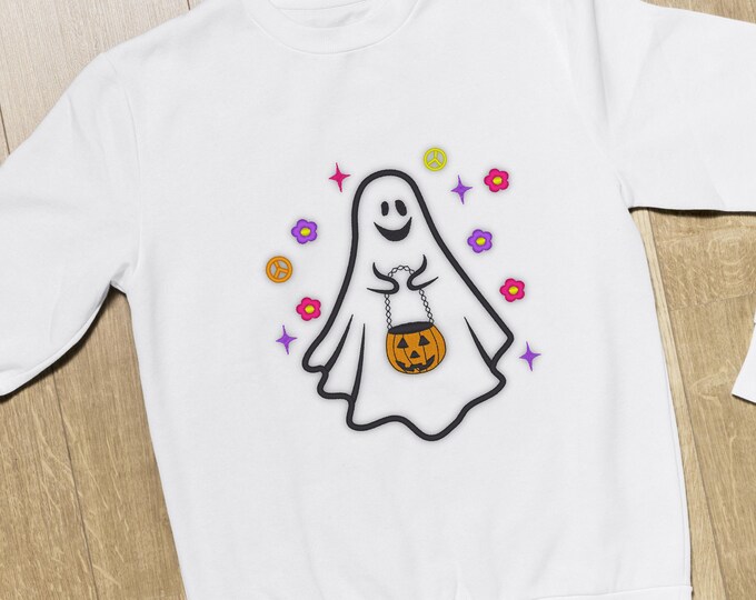 Hippie Halloween groovy ghost Little boo - machine embroidery applique designs INSTANT DOWNLOAD for hoops 4x4, 5x7, 6x10