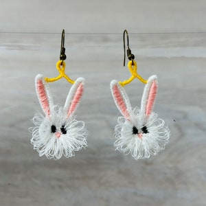 Cute Easter Bunny earrings fringed fluffy bunny charm FSL freestanding lace machine embroidery designs kids girl pretty rabbit in the hoop