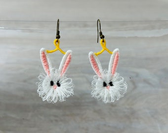 Cute Easter Bunny earrings fringed fluffy bunny charm FSL freestanding lace machine embroidery designs kids girl pretty rabbit in the hoop