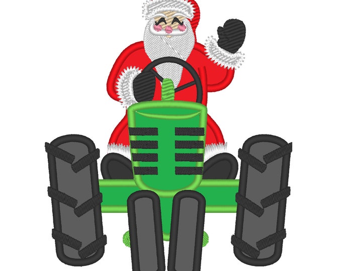 Santa on Christmas tractor Applique design front view machine embroidery designs multiple sizes for hoop 4x4  5x7  6x10 farm kids boys