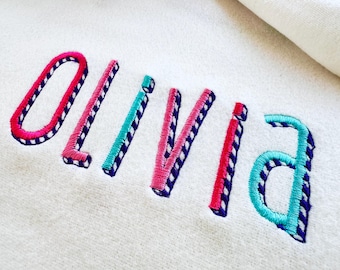 Shadow FONT satin stitches stripes machine embroidery designs sizes 1.2 to 4 inches shadowed monogram alphabet kids colorful embroidery font