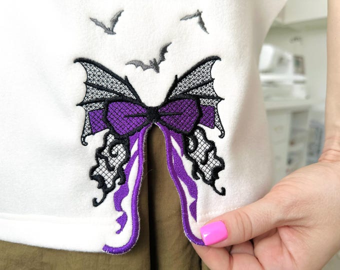 Halloween Spooky Bow split side seam cutout side bow fill stitch and lace effect machine embroidery designs  girls t-shirt sweatshirt design