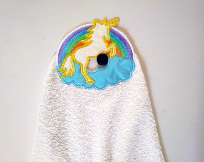 Rainbow unicorn towel hanging topper hole In The Hoop machine embroidery design, ITH project Towel topper, hanger, hanging hole embroidery