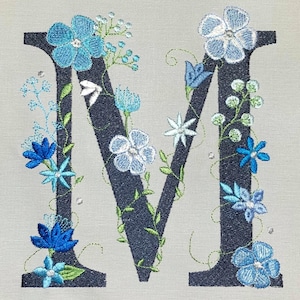 Floral letter M garden flag monogram lace swirl flowers block font and mini Font machine embroidery design monogram M only 4, 5, 6 and 8 in