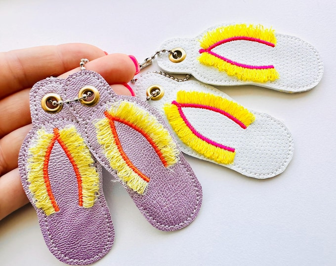 Fluffy Fringed Flip Flops summer beach Eyelet and Key Fob Snap Tab in the hoop machine embroidery designs ITH keychain bag tag gift idea