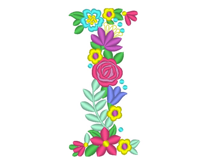 Floral letter I garden flag monogram liberty fashioned flowers flower Font machine embroidery designs monogram I only 4, 5, 6 and 8 in