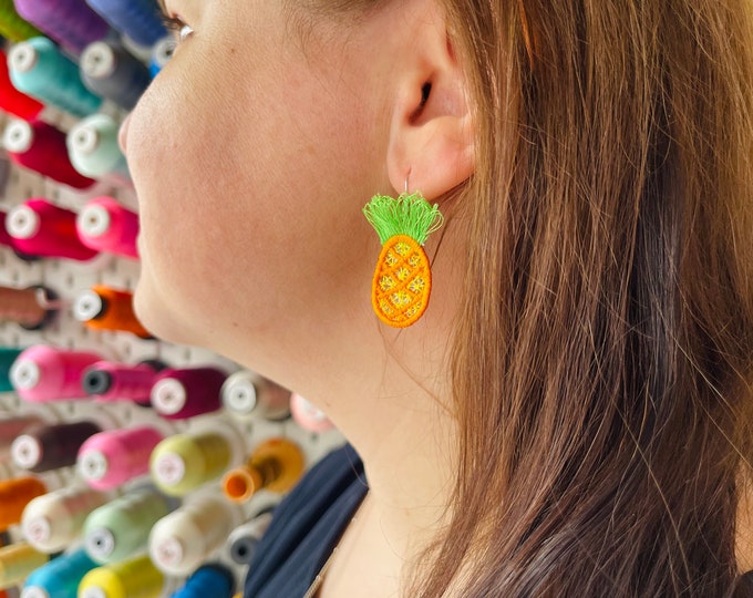 Fringed Pineapple earrings charm necklace pendant FSL freestanding lace machine embroidery designs kids girl fruit fringe ITH in the hoop