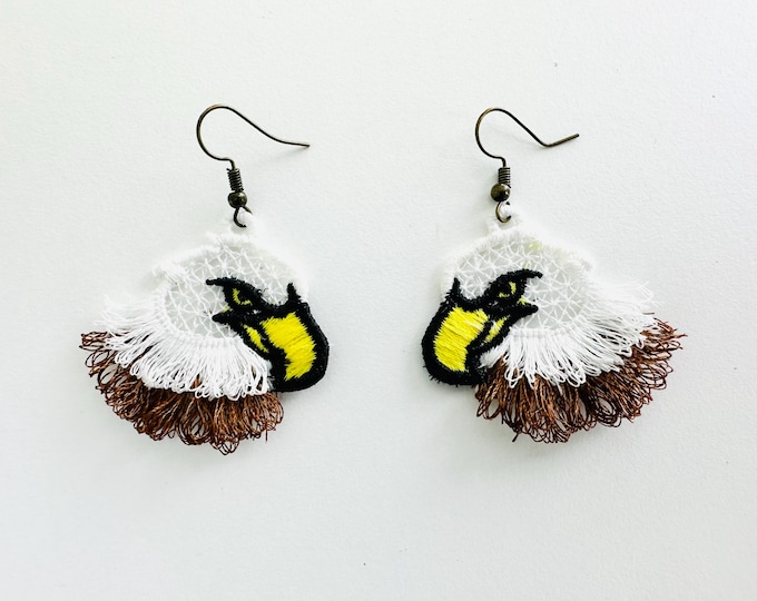 Fringed Bald Eagle fluffy tiny earrings or charm in the hoop FSL freestanding lace fluffy machine embroidery designs size approx 1.5 inch