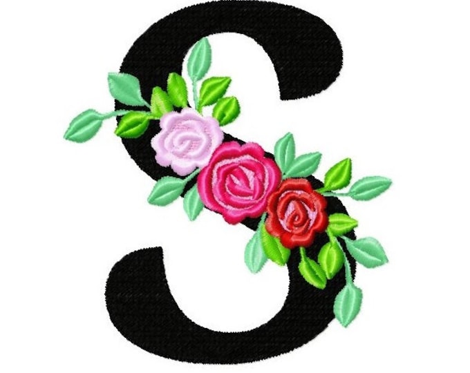 Roses floral Individual letter S garden flag monogram roses crown flowers flower Font machine embroidery design 2, 3, 4, 5, 6, 7, 8 in