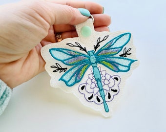 Dragonfly 3D dimensional keychain in the hoop ITH project FSL dragonfly wings key fob snap tab machine embroidery designs simply gift tag