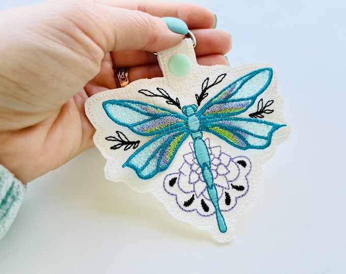 Dragonfly 3D dimensional keychain in the hoop ITH project FSL dragonfly wings key fob snap tab machine embroidery designs simply gift tag