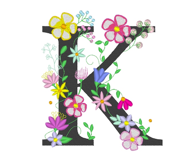 Floral letter K garden flag monogram lace swirl flowers block font and mini Font machine embroidery design monogram K only 4, 5, 6 and 8 in