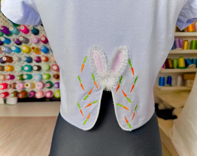 Easter Bunny Carrot Fringed fluffy Bunny ears split side seam cutout side bow machine embroidery designs farm animal kids sweatshirt tshirt