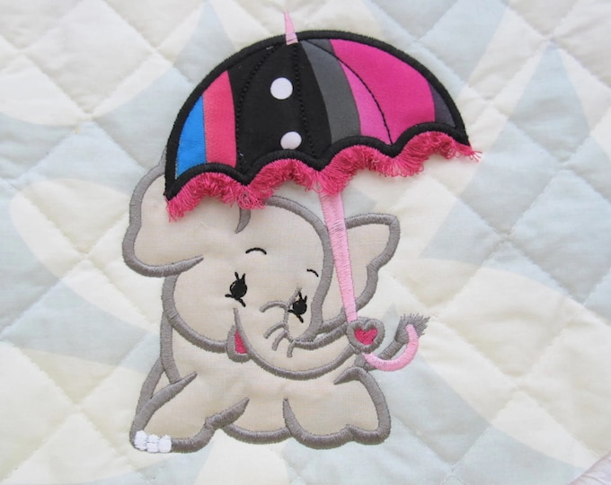Little Elephant with umbrella Applique SET of 3 types Machine Embroidery Designs in many sizes, fringe in the hoop ITH project elephant baby