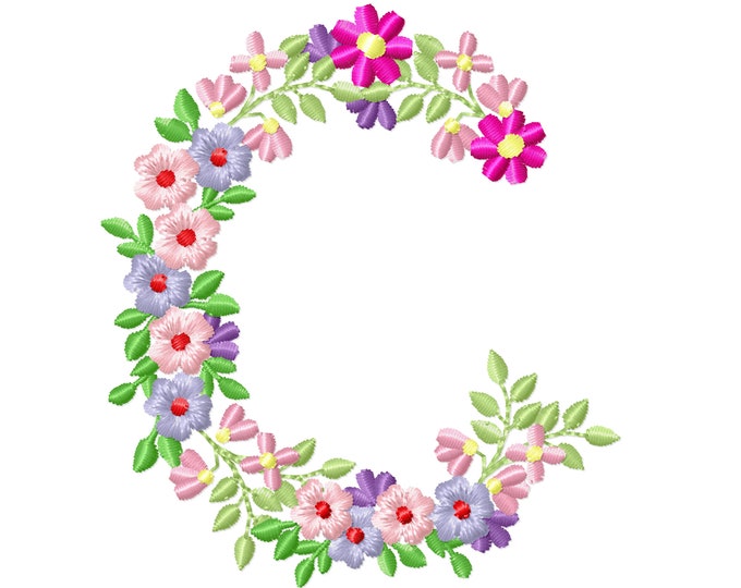 Country Floral letter C garden flag monogram flowers flower flowered Font machine embroidery designs monogram C only 3,5, 4, 5, 6, 7, 8 in