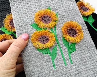 Three Sunflowers 3 Sunflower Stems Embroidery Files Fringed fluffy Flower Fringe simply machine embroidery designs sizes 3 up to 5.5 inches