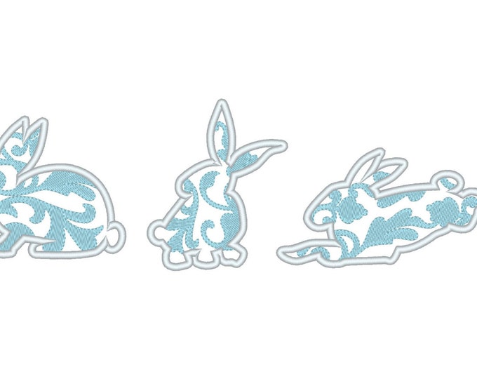 Awesome curly bunny silhouette, 3 types, curly bunnies silhouettes, applique with filled curls -  machine embroidery applique designs