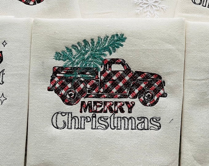 Merry Christmas Red truck with Xmas tree gingham tartan check old fashioned classic Pillow or Kitchen dish towel machine embroidery designs