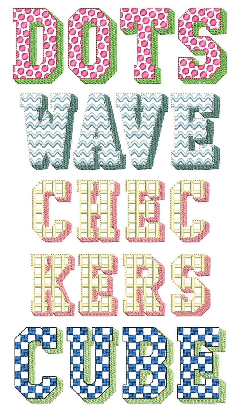 SET of 4 Patterned Fonts Dots Checks Waves and Cubes alphabet letters & numbers machine embroidery design assorted sizes combine and merge image 9