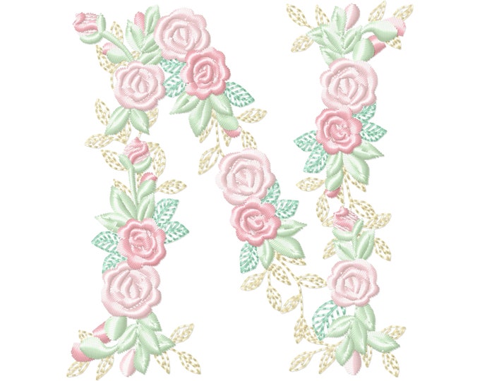 Delicate Roses Floral letter N garden flag monogram flowers flower flowered Font machine embroidery designs 3.5, 4, 5, 6, 7, 8 in
