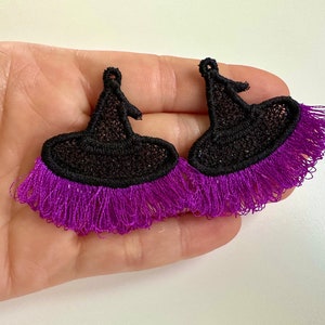 Witch hat Fringed earrings Halloween charm pendant FSL freestanding lace machine embroidery designs ITH in the hoop Halloween outfit costume