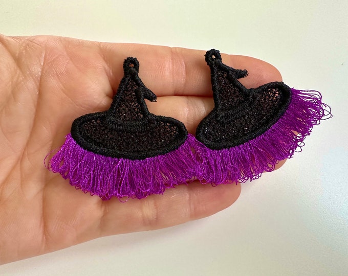 Witch hat Fringed earrings Halloween charm pendant FSL freestanding lace machine embroidery designs ITH in the hoop Halloween outfit costume