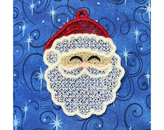 Christmas Santa FSL freestanding lace machine embroidery design Christmas tree ornament Santa Claus face Merry Christmas theme gift tag