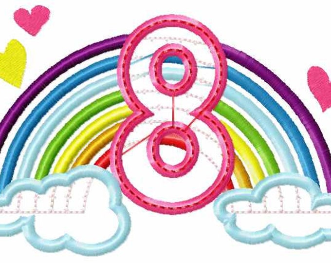 Cute Rainbow Birthday Number 8 eight only machine embroidery applique designs,