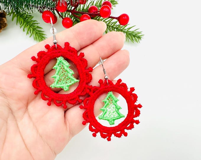Christmas Tree lace frame Earrings Charm or gift tag FSL freestanding lace machine embroidery designs girls accessory simply in the hoop
