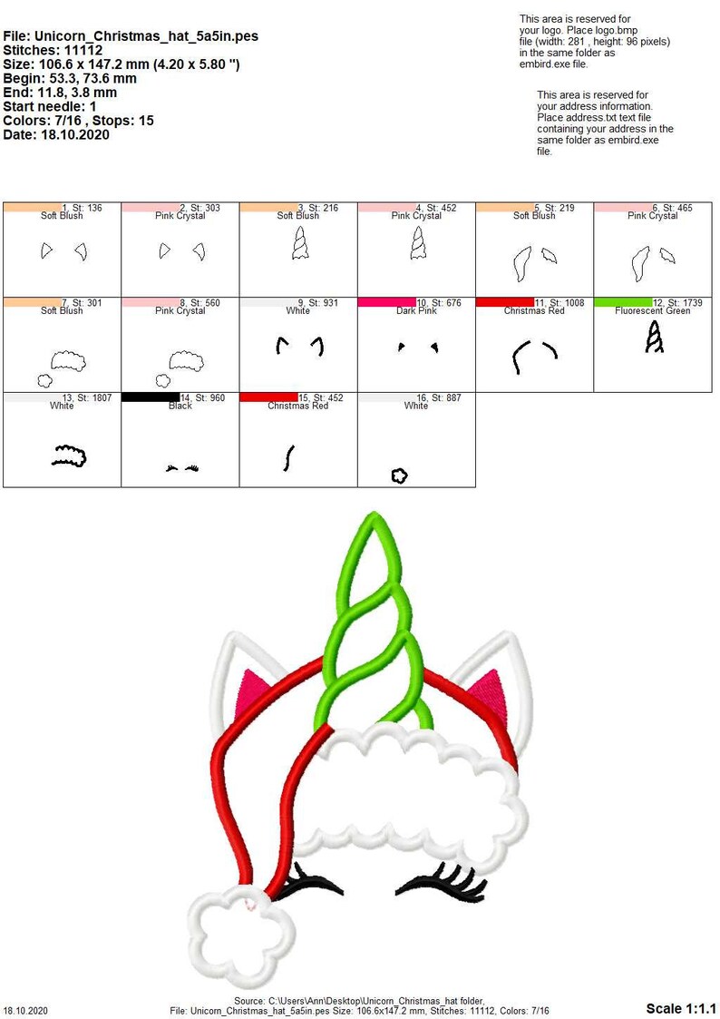 May include: A white unicorn wearing a red and white Santa hat with a green spiral horn. The unicorn's eyes are closed and it has a pink nose. The image is a digital embroidery design.