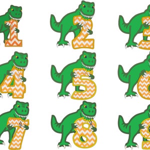 T-rex dinosaur Birthday numbers WHOLE set 1 9 machine embroidery Birthday outfit designs for hoops 4x4, 5x7, 6x10 INSTANT DOWNLOAD image 1