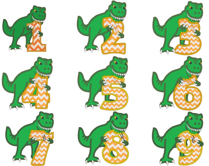 T-rex dinosaur Birthday numbers WHOLE set  1- 9 machine embroidery Birthday outfit designs - for hoops 4x4, 5x7, 6x10  INSTANT DOWNLOAD