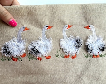 Fuzzy Fluffy geese four 4 geese in a row farm bird machine embroidery designs awesome fringed goose fringe in the hoop farm bird and grass