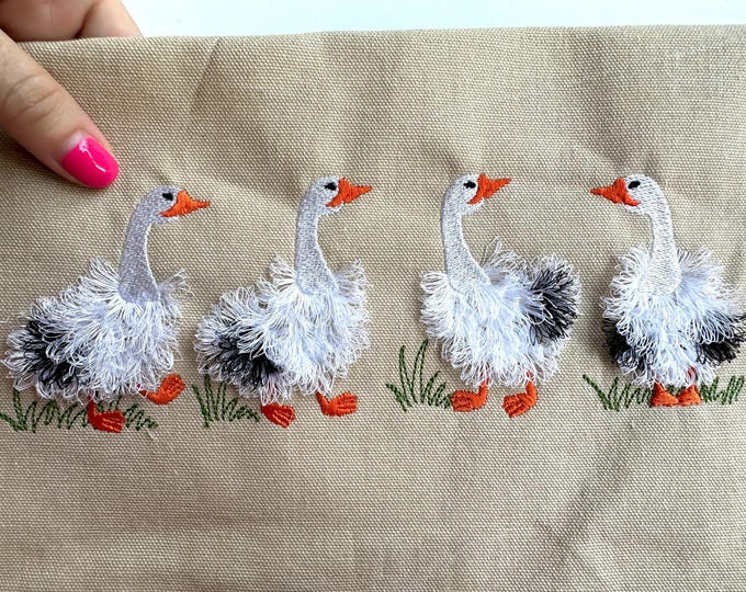 Fuzzy Fluffy geese four 4 geese in a row farm bird machine embroidery designs awesome fringed goose fringe in the hoop farm bird and grass