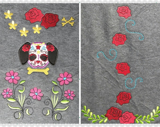 DISCOUNT 30% Day of the dead Puppy sugar skull set machine embroidery designs, dog skull applique designs for hoop 4x4 and 5x7 calavera day