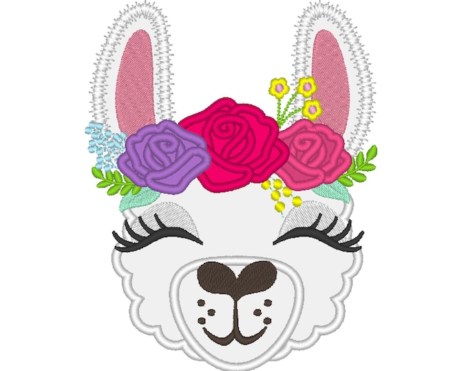 Llama face with shabby chick roses crown - machine embroidery applique designs llama face nodrama alpaca head llama design INSTANT DOWNLOAD