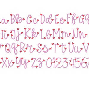 Diseños de bordado a máquina de letras del alfabeto de línea fina de satén Hearts en tamaños mini surtidos, fuente de escritura a mano, nombre de niños, paquete incluido